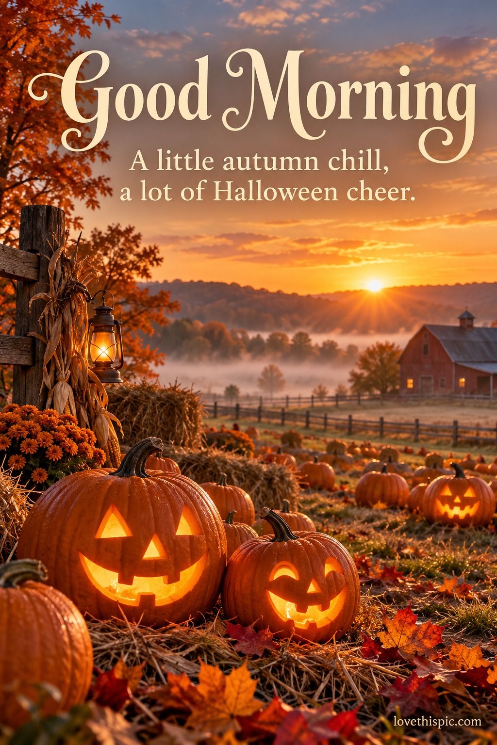 Good Morning A Little Autumn Chill A Lot Of Halloween Cheer Jack O Lanterns In An Autumn Field