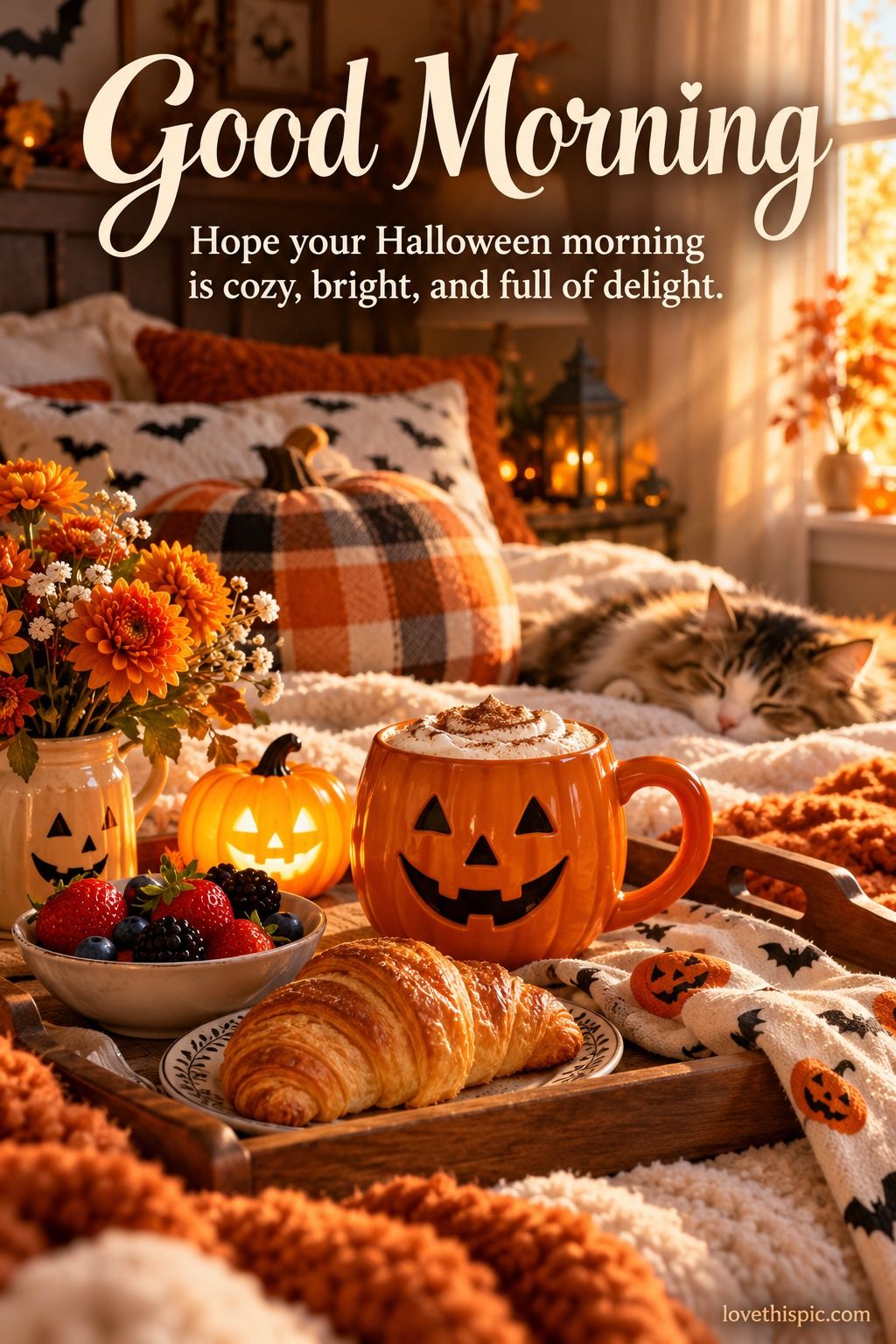 Good Morning Hope Your Halloween Morning Is Cozy Bright And Full Of Delight Cosy Bedroom Breakfast