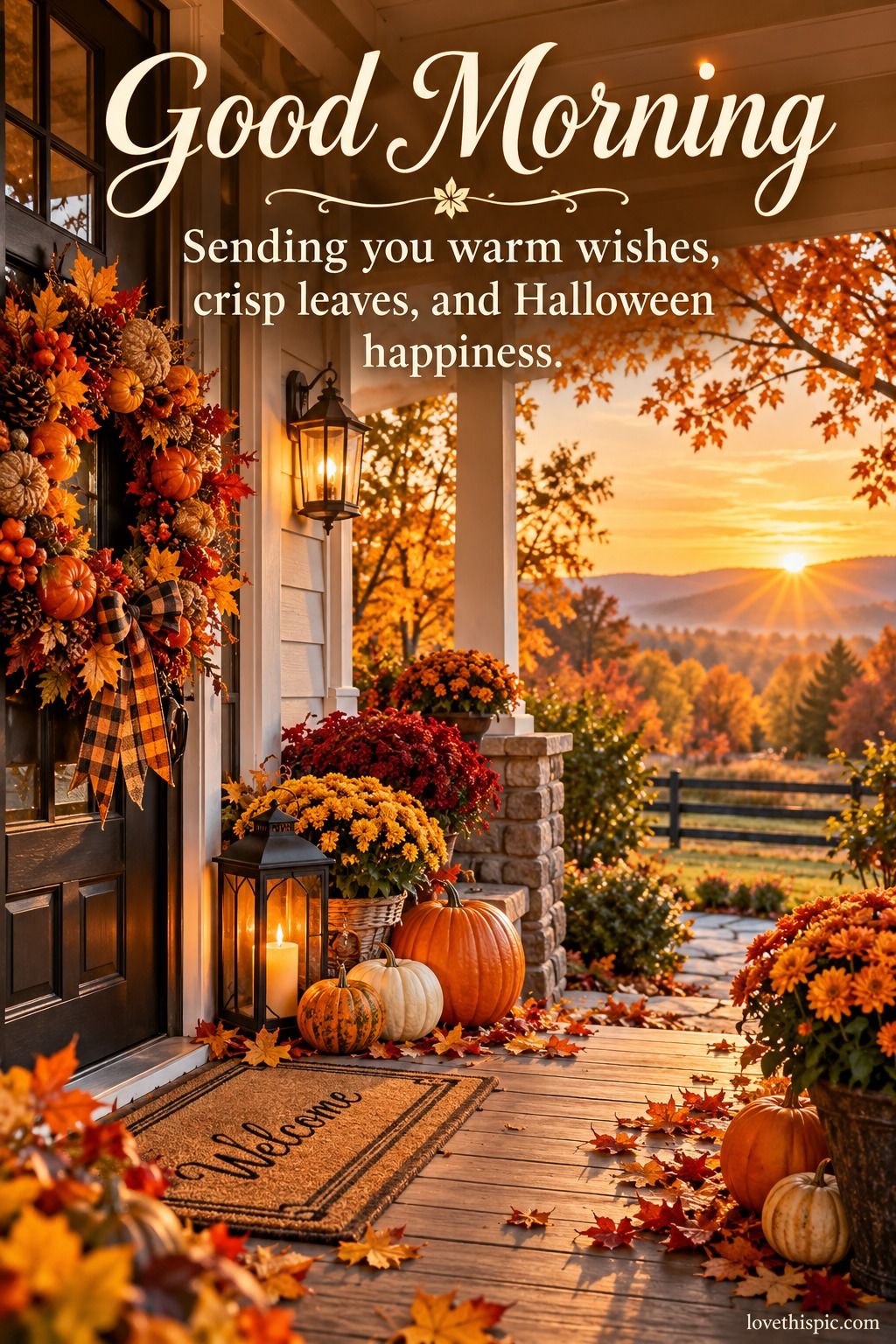 Good Morning Sending You Warm Wishes Crisp Leaves And Halloween Happiness Autumn Porch With Pumpkins And Mums