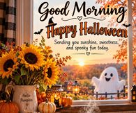 Good Morning Happy Halloween Friendly Ghost Cinnamon Rolls And Sunflowers