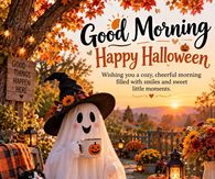 Good Morning Happy Halloween Cozy Cheerful Morning With A Coffee Loving Ghost