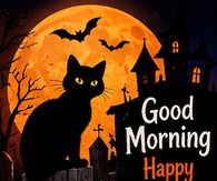 Good Morning Happy Halloween Black Cat Under The Orange Moon