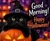 Good Morning Happy Halloween Black Cat In A Witch Hat