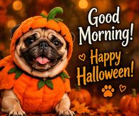 Good Morning Happy Halloween Pug In A Pumpkin Costume