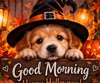 Good Morning Happy Halloween Puppy In A Witch Hat