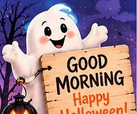 Good Morning Happy Halloween Friendly Ghost Holding A Sign