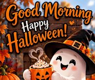 Good Morning Happy Halloween Ghost In A Witch Hat With Coffee