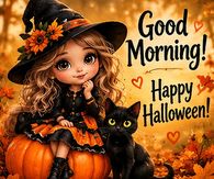 Good Morning Happy Halloween Little Witch Girl And Black Cat