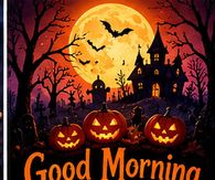 Good Morning Happy Halloween Moonlit Pumpkins And Haunted House
