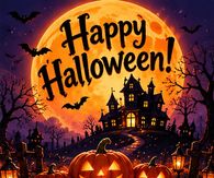 Happy Halloween Glowing Pumpkins And Haunted House Under The Moon