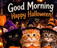 Good Morning Happy Halloween Three Kittens With Glowing Pumpkins