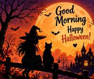 Good Morning Happy Halloween Witch And Cat Silhouette
