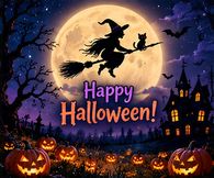 Happy Halloween Witch And Cat On A Broom By The Full Moon