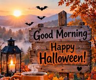 Good Morning Happy Halloween Wooden Sign And Pumpkin Coffee