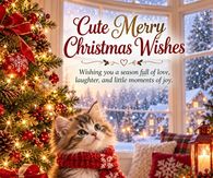 Cute Merry Christmas Wishes Kitten In A Red Scarf By The Tree