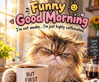 Funny Good Morning I'm Not Awake I'm Just Highly Caffeinated Cat