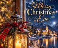 Merry Christmas Eve Glowing Lantern Over A Snowy Lake And Church