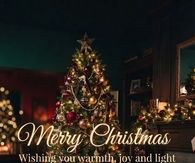 Merry Christmas Wishing You Warmth Joy And Light Decorated Tree By The Fire