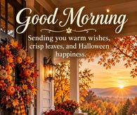 Good Morning Sending You Warm Wishes Crisp Leaves And Halloween Happiness Autumn Porch With Pumpkins And Mums